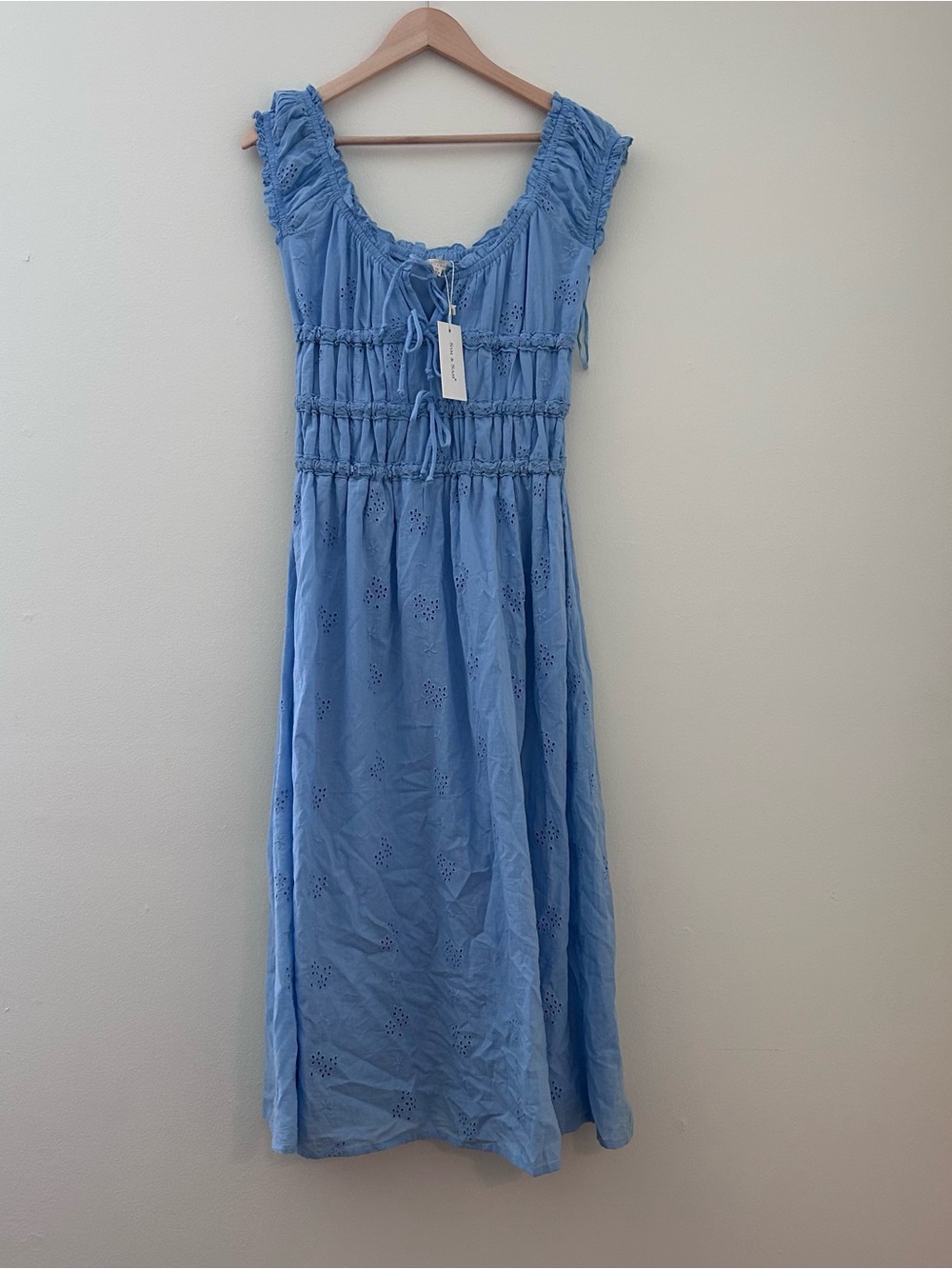 Light Blue Midi Eyelet Dress with Smocked Bodice